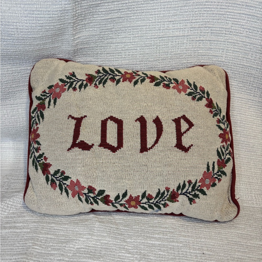 Vintage Cream & Red 'LOVE' Embroidered Throw Pillow
